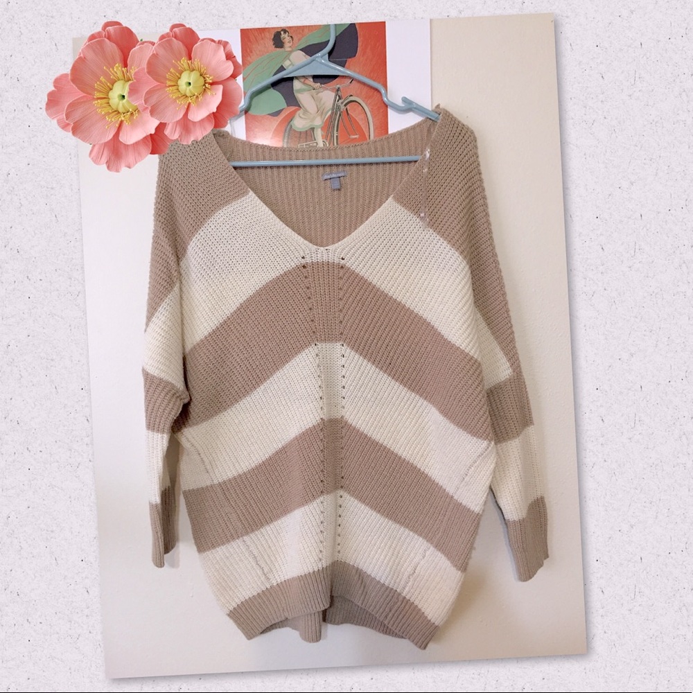 Beige & Tan V-neck Striped Sweater